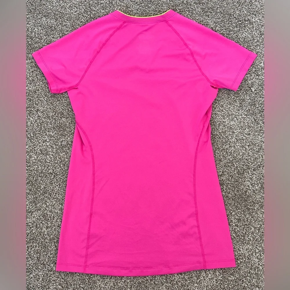 Nike Pink Dri-FIT V-Neck Short Sleeve Top with Yellow Swoosh